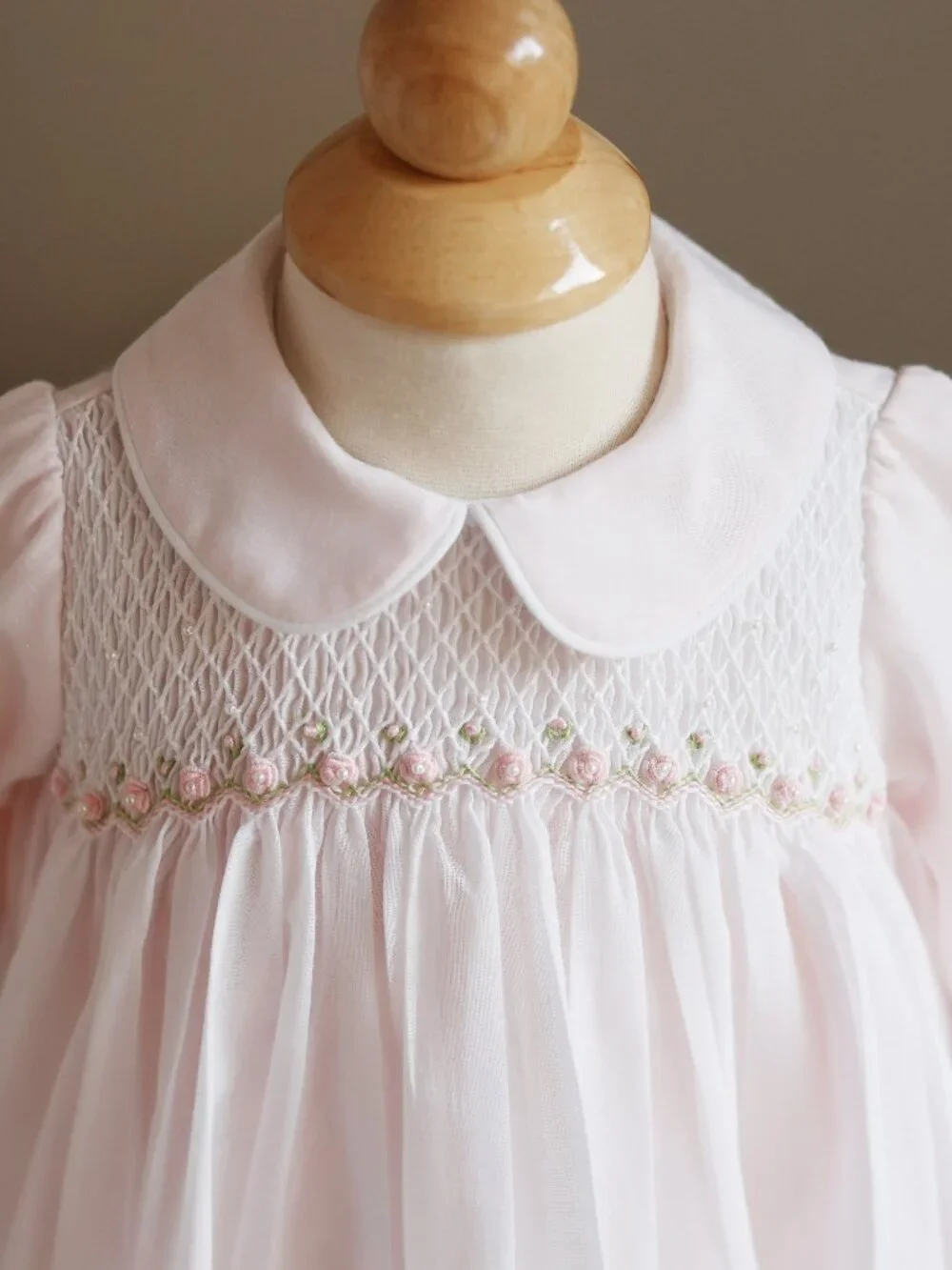 White Smocked Heirloom Dress Bullion Roses Pearls Pintucks Special Occasion 6M